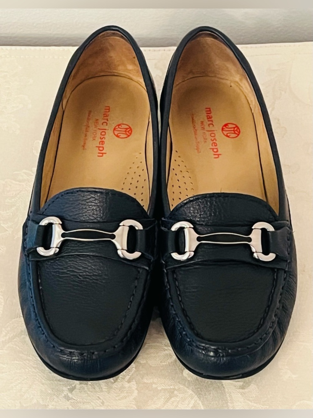 Marc Joseph Navy Blue Leather Loafers with Silver Bit Hardware Women’s 8.5